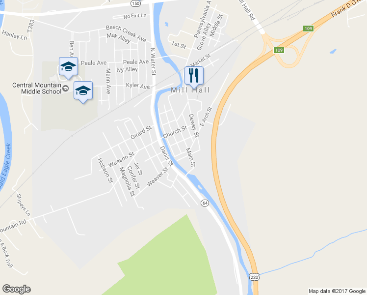 map of restaurants, bars, coffee shops, grocery stores, and more near 2nd Street in Mill Hall