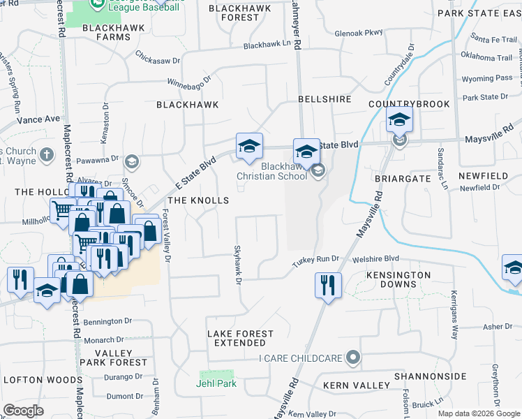 map of restaurants, bars, coffee shops, grocery stores, and more near 2238 Rosita Court in Fort Wayne