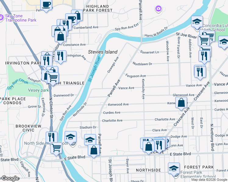 map of restaurants, bars, coffee shops, grocery stores, and more near in Fort Wayne