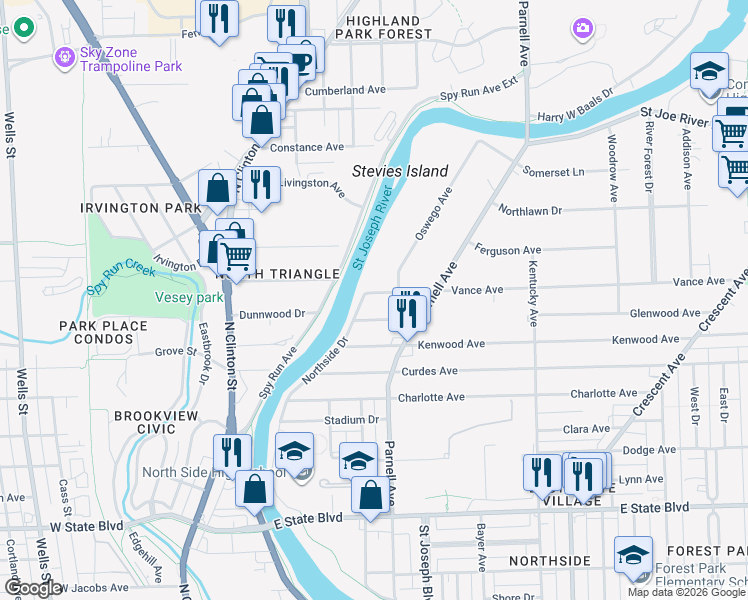 map of restaurants, bars, coffee shops, grocery stores, and more near 3002 Northside Drive in Fort Wayne