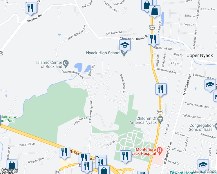 map of restaurants, bars, coffee shops, grocery stores, and more near 348 Sierra Vista Lane in Valley Cottage