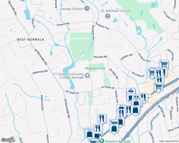 map of restaurants, bars, coffee shops, grocery stores, and more near 188 Richards Avenue in Norwalk