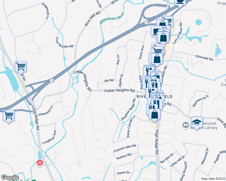 map of restaurants, bars, coffee shops, grocery stores, and more near 139 Cedar Heights Road in Stamford