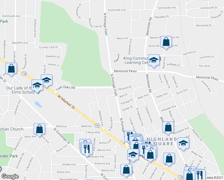 map of restaurants, bars, coffee shops, grocery stores, and more near 202 Twin Oaks Road in Akron