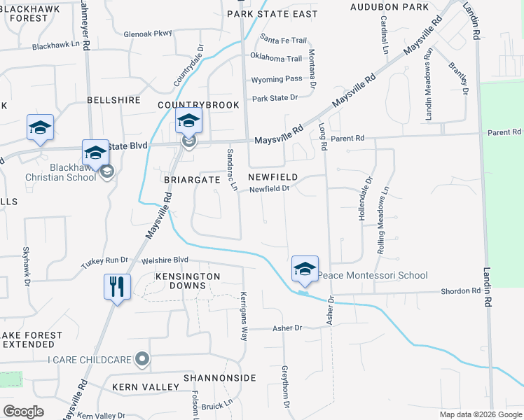 map of restaurants, bars, coffee shops, grocery stores, and more near 2805 Kingsland Court in Fort Wayne