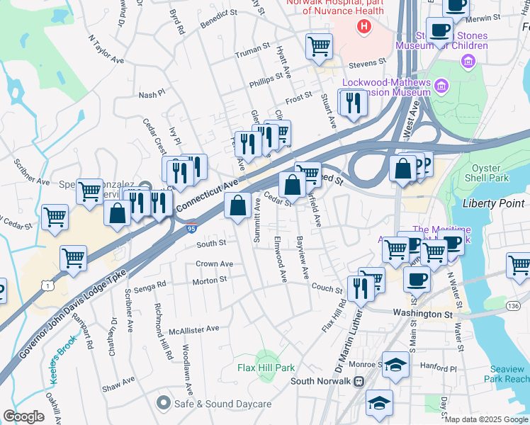map of restaurants, bars, coffee shops, grocery stores, and more near 92 Cedar Street in Norwalk