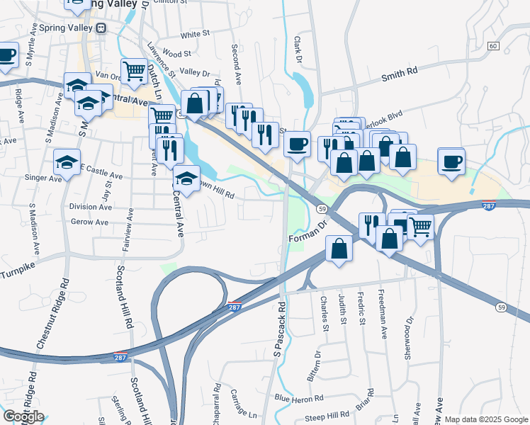 map of restaurants, bars, coffee shops, grocery stores, and more near 204 Town Hill Condominium in Nanuet