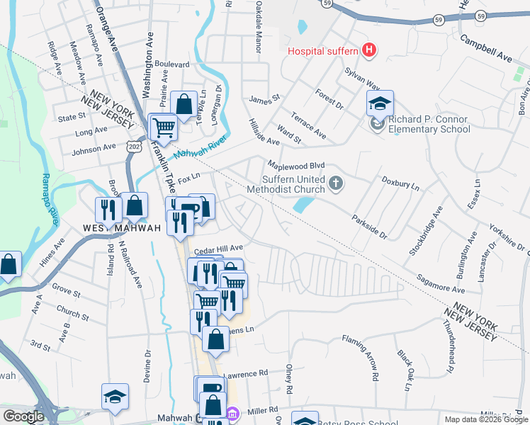 map of restaurants, bars, coffee shops, grocery stores, and more near 1121 Stafford Street in Mahwah