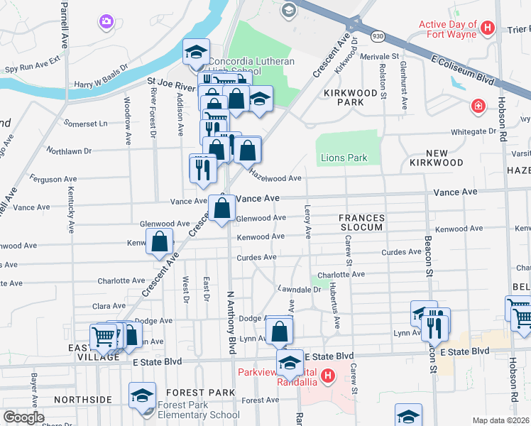 map of restaurants, bars, coffee shops, grocery stores, and more near 1928 Glenwood Avenue in Fort Wayne