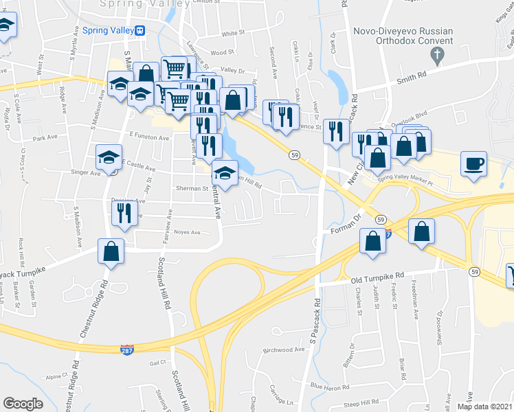 map of restaurants, bars, coffee shops, grocery stores, and more near 66 Omni Parc Drive in Nanuet