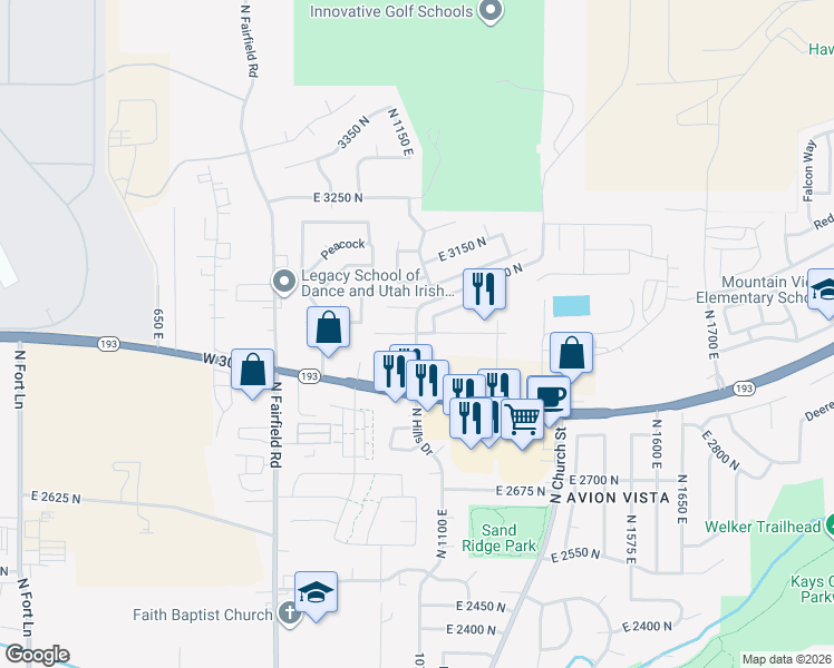 map of restaurants, bars, coffee shops, grocery stores, and more near 1150 East 3025 North in Layton