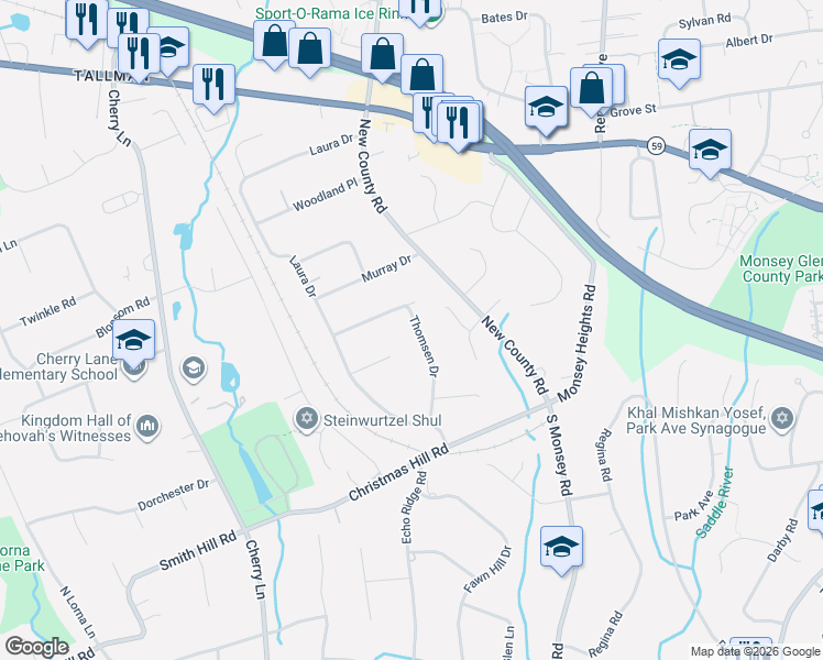 map of restaurants, bars, coffee shops, grocery stores, and more near 11 Thomsen Drive in Airmont