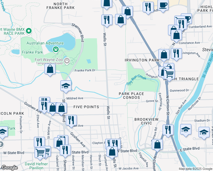 map of restaurants, bars, coffee shops, grocery stores, and more near 2929 North Wells Street in Fort Wayne