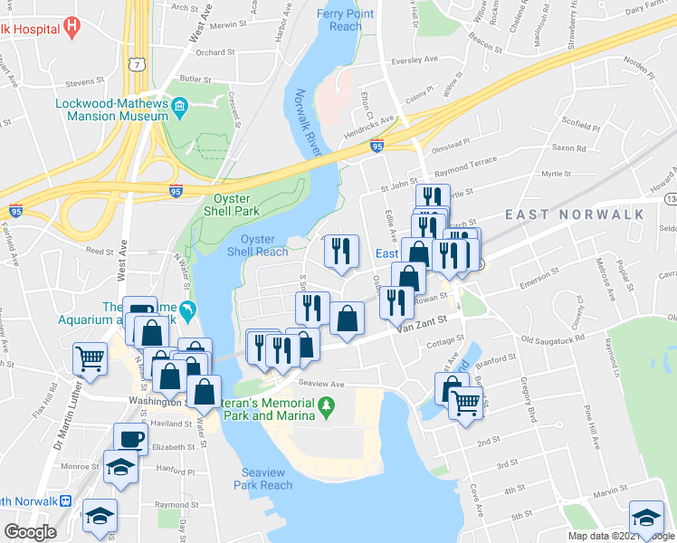 map of restaurants, bars, coffee shops, grocery stores, and more near 4 Reynolds Street in Norwalk