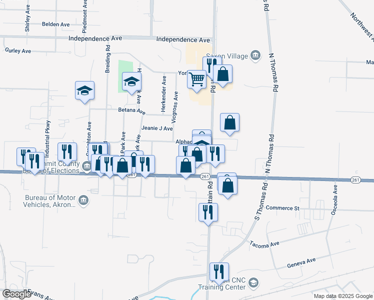 map of restaurants, bars, coffee shops, grocery stores, and more near 1295 East Tallmadge Avenue in Akron