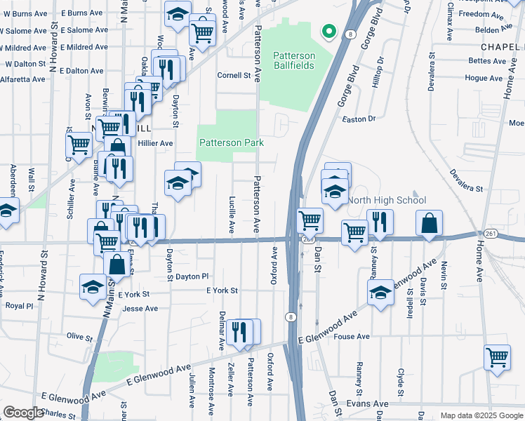 map of restaurants, bars, coffee shops, grocery stores, and more near 636 Patterson Avenue in Akron