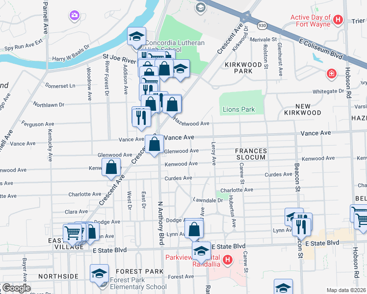 map of restaurants, bars, coffee shops, grocery stores, and more near 1928 Glenwood Avenue in Fort Wayne