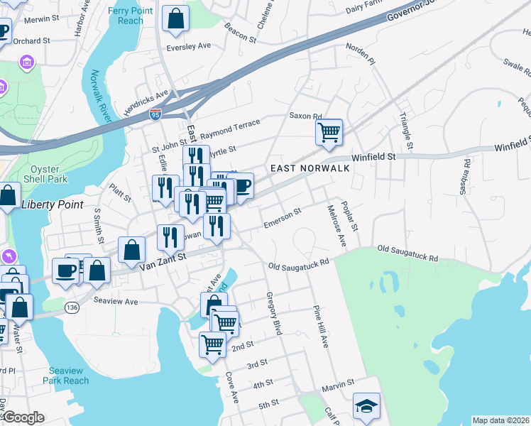 map of restaurants, bars, coffee shops, grocery stores, and more near 12 Emerson Street in Norwalk