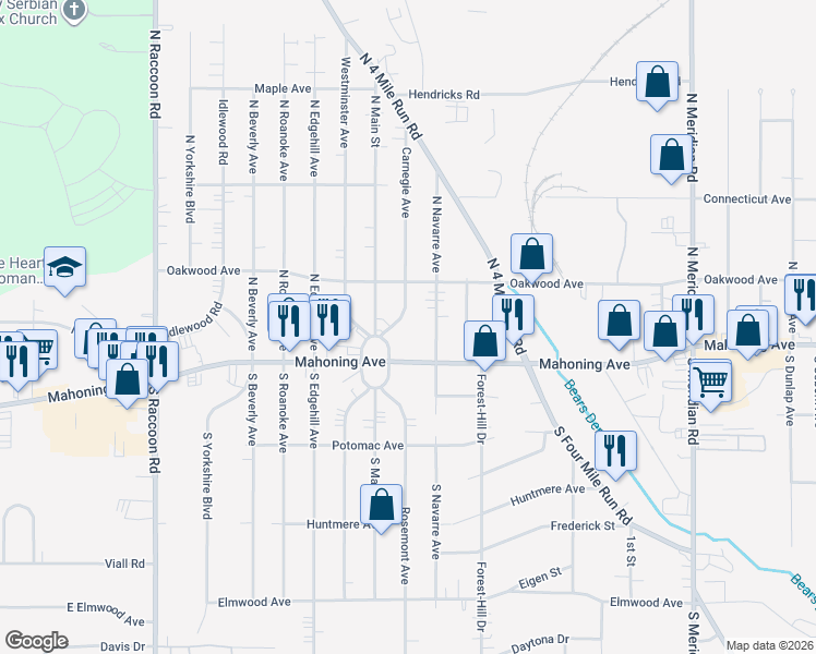 map of restaurants, bars, coffee shops, grocery stores, and more near 15 North Wickliffe Circle in Youngstown