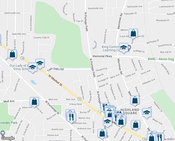 map of restaurants, bars, coffee shops, grocery stores, and more near 208 North Portage Path in Akron