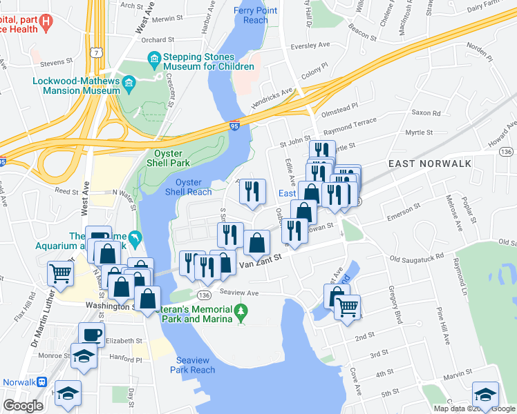 map of restaurants, bars, coffee shops, grocery stores, and more near 9 Moore Place in Norwalk