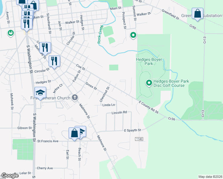 map of restaurants, bars, coffee shops, grocery stores, and more near 211 Gross Street in Tiffin