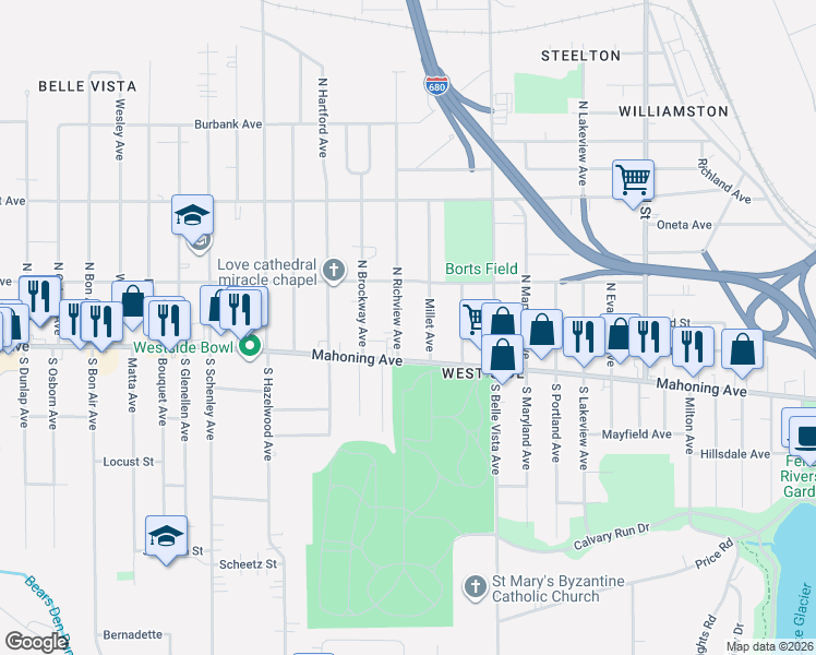map of restaurants, bars, coffee shops, grocery stores, and more near 11 North Richview Avenue in Youngstown