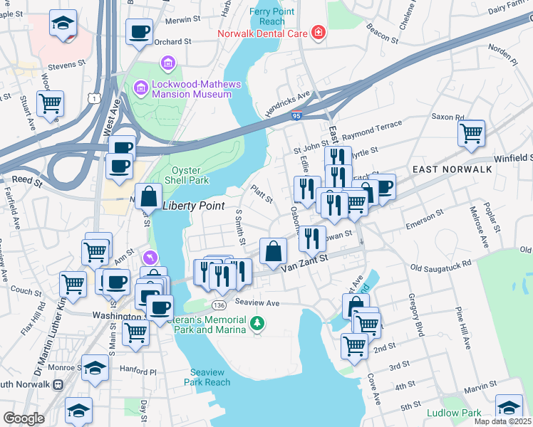 map of restaurants, bars, coffee shops, grocery stores, and more near 6 Pleasant Street in Norwalk