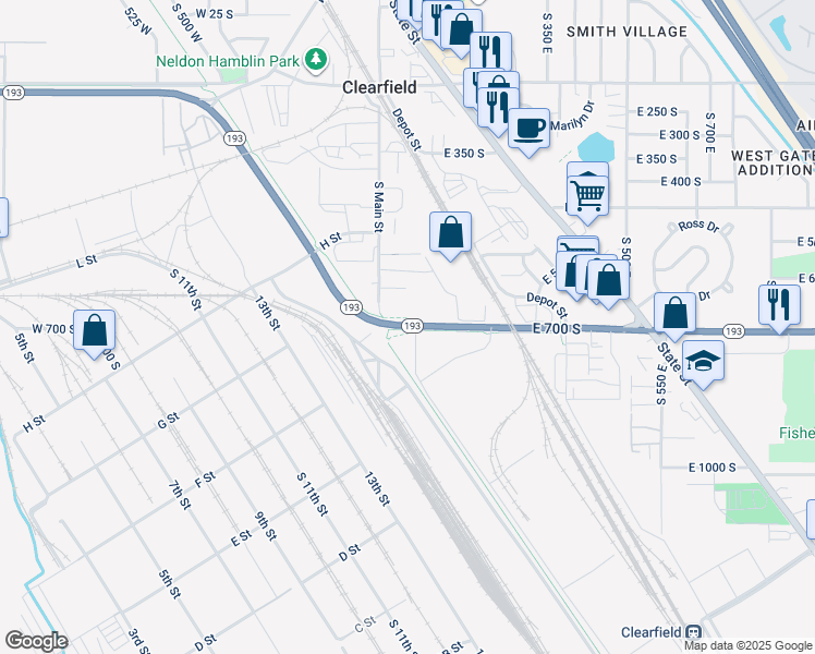 map of restaurants, bars, coffee shops, grocery stores, and more near 69 East 700 South in Clearfield