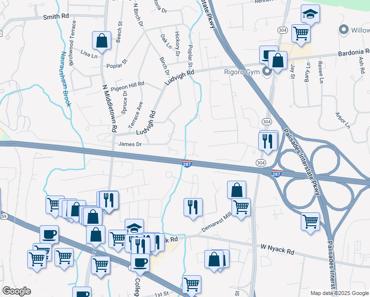 map of restaurants, bars, coffee shops, grocery stores, and more near 1-17 Jeanne Marie Gardens in Nanuet