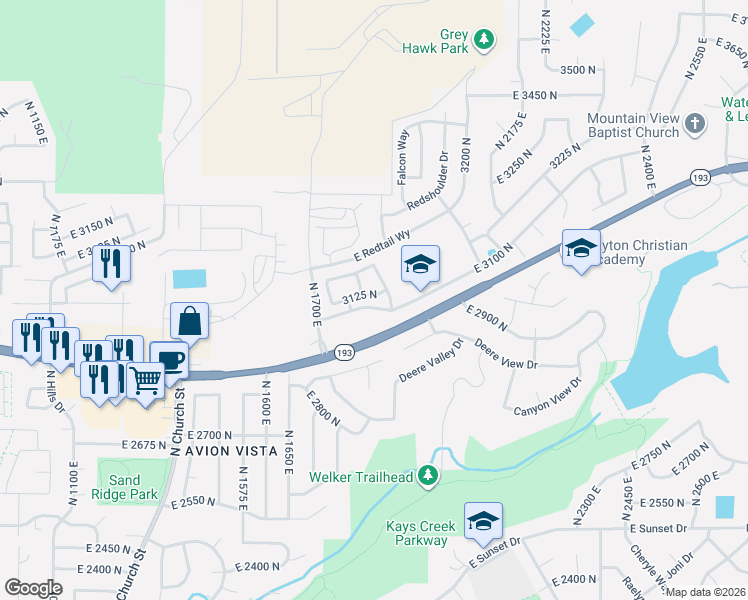 map of restaurants, bars, coffee shops, grocery stores, and more near 1826 East 3100 North in Layton