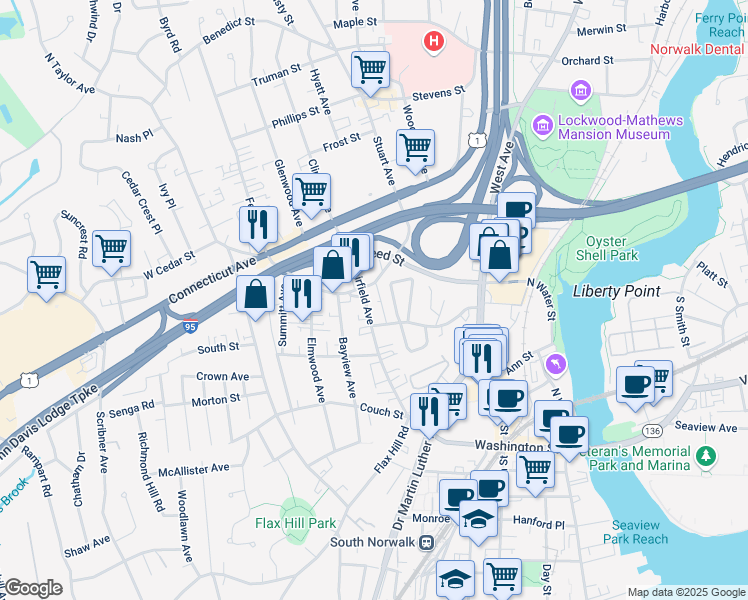 map of restaurants, bars, coffee shops, grocery stores, and more near 46 Fairfield Avenue in Norwalk