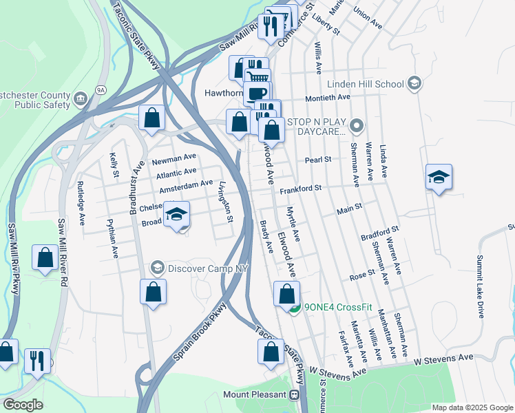 map of restaurants, bars, coffee shops, grocery stores, and more near 256 Brady Avenue in Hawthorne