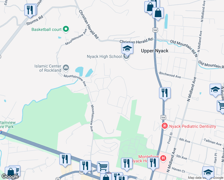 map of restaurants, bars, coffee shops, grocery stores, and more near 327 Sierra Vista Lane in Valley Cottage