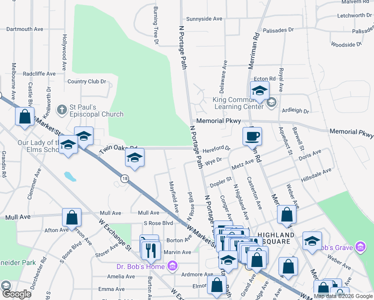 map of restaurants, bars, coffee shops, grocery stores, and more near 208 North Portage Path in Akron