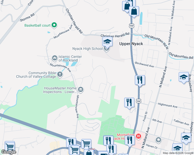 map of restaurants, bars, coffee shops, grocery stores, and more near 338 Sierra Vista Lane in Valley Cottage