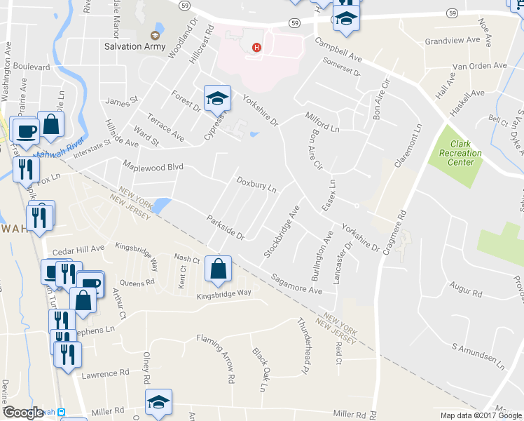 map of restaurants, bars, coffee shops, grocery stores, and more near 280 Parkside Drive in Suffern