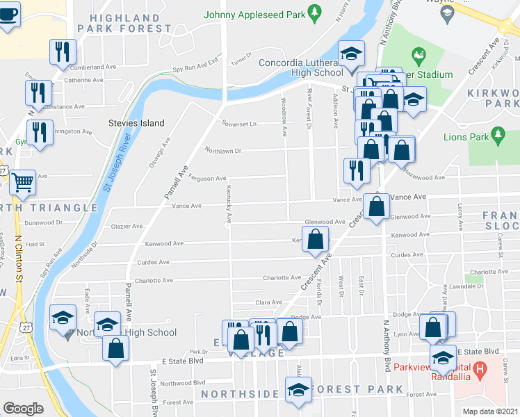map of restaurants, bars, coffee shops, grocery stores, and more near 1218 Vance Avenue in Fort Wayne