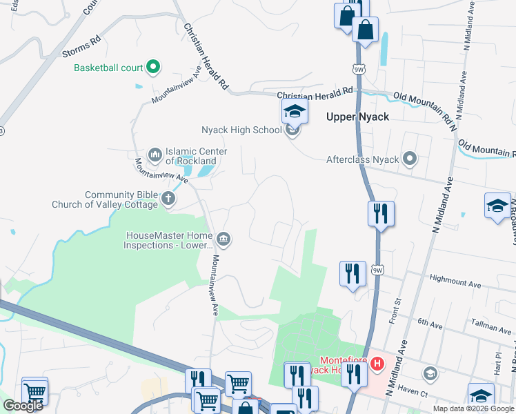 map of restaurants, bars, coffee shops, grocery stores, and more near 326 Sierra Vista Lane in Valley Cottage