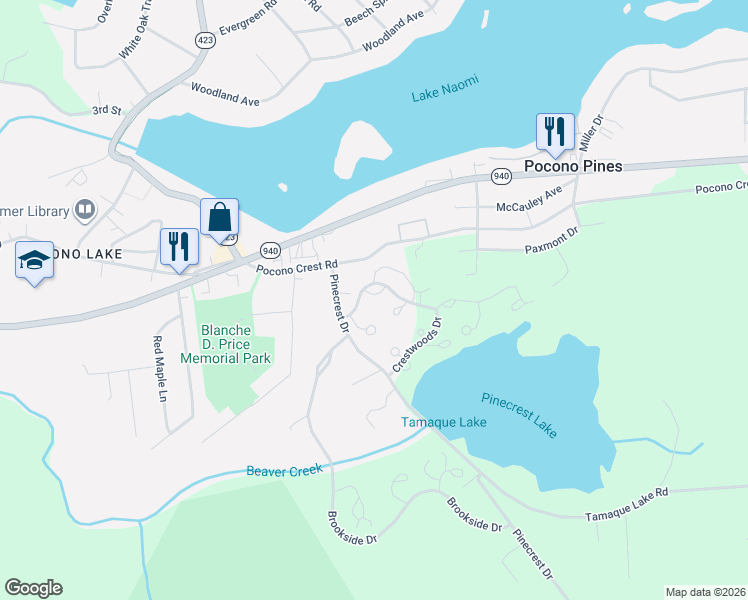 map of restaurants, bars, coffee shops, grocery stores, and more near Bungalow Road in Long Pond