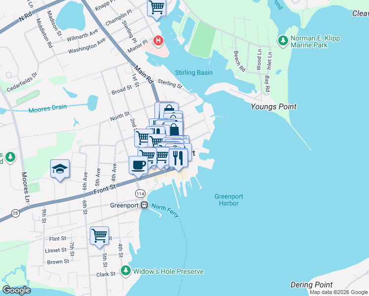 map of restaurants, bars, coffee shops, grocery stores, and more near 152 Bay Avenue in Greenport
