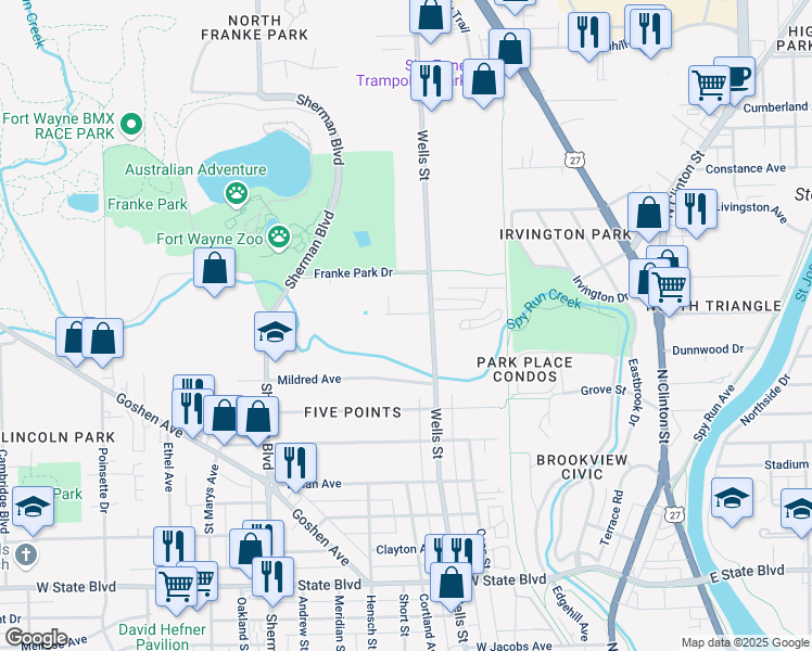 map of restaurants, bars, coffee shops, grocery stores, and more near 2929 North Wells Street in Fort Wayne