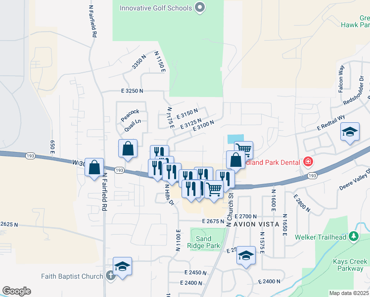 map of restaurants, bars, coffee shops, grocery stores, and more near 1217 East 3025 North in Layton