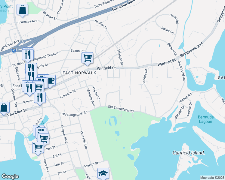 map of restaurants, bars, coffee shops, grocery stores, and more near 25 Amundsen Street in Norwalk