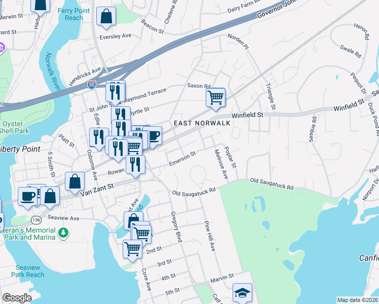 map of restaurants, bars, coffee shops, grocery stores, and more near 24 Russell Street in Norwalk