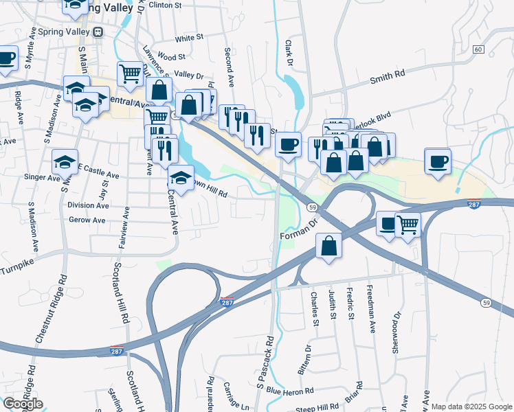 map of restaurants, bars, coffee shops, grocery stores, and more near 150 Town Hill Condominium in Nanuet