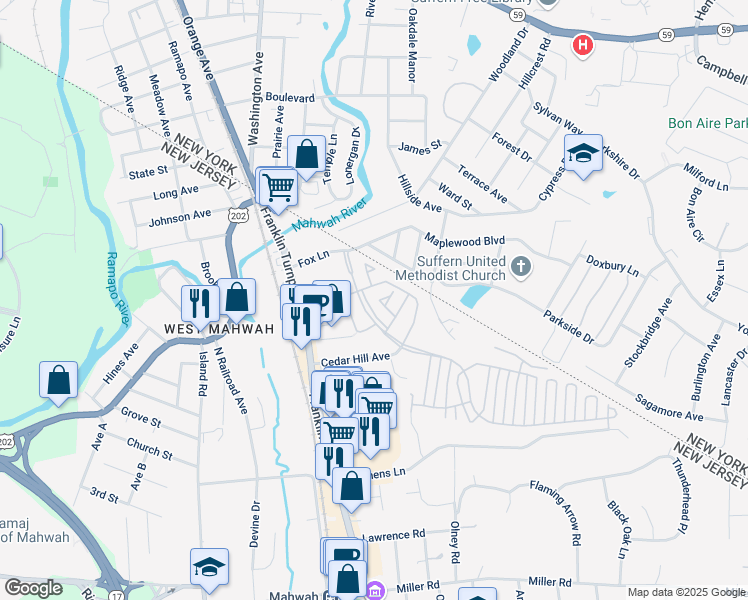 map of restaurants, bars, coffee shops, grocery stores, and more near 1042 Cumberland Court in Mahwah