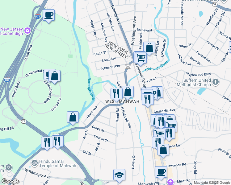map of restaurants, bars, coffee shops, grocery stores, and more near 12 Brook Street in Mahwah