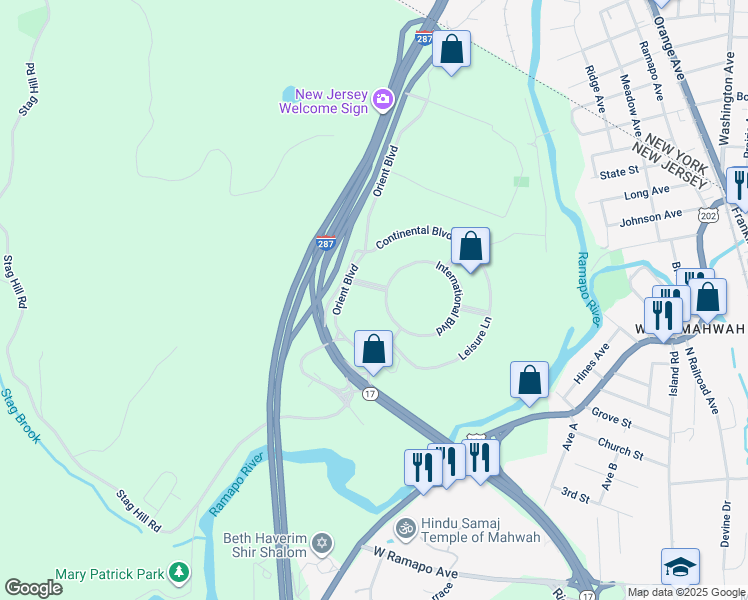 map of restaurants, bars, coffee shops, grocery stores, and more near 1 International Blvd in Mahwah
