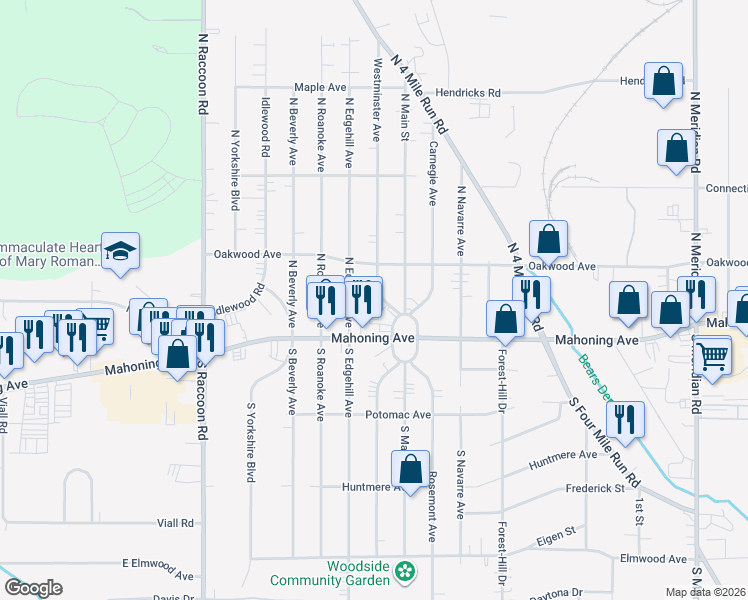 map of restaurants, bars, coffee shops, grocery stores, and more near 89 North Edgehill Avenue in Youngstown